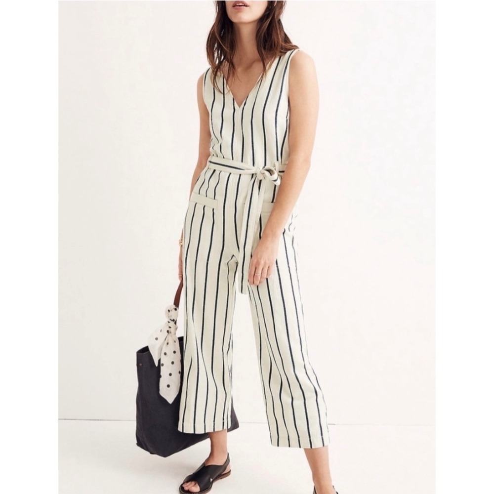 Madewell Womens Striped Pull-On Jumpsuit Small Cotton Linen Wide Leg White Blue